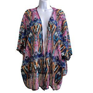 Vintage Womens Ikat Sheer Kimono One Size Open Front‎ Flowy Festival Aztec Retro